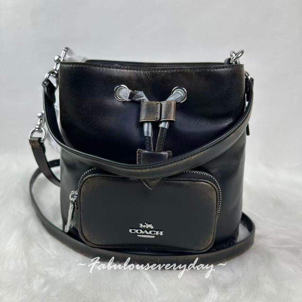 Coach Rowan Bucket Bag With Pocket In Loved Leather CES94 Silver/Black Brown NWT